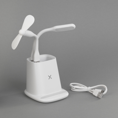 Карандашница "Smart Stand" с беспроводным зарядным устройством, вентилятором и лампой (2USB разъёма), белый, пластик