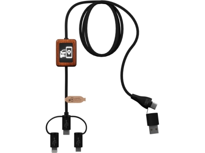 Зарядный кабель из резины и бамбука с поддержкой передачи данных и двойным светящимся логотипом, черный, пластик