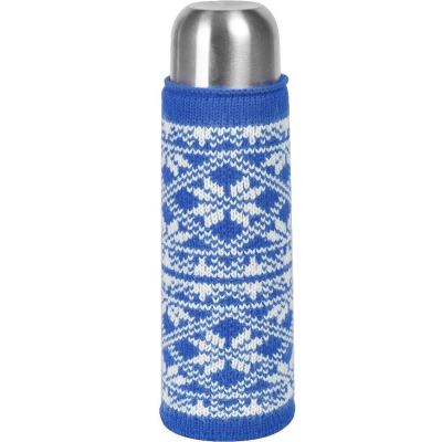 Чехол  вязаный  на бутылку/термос "Зимний орнамент",  синий, акрил,  шеврон, акрил