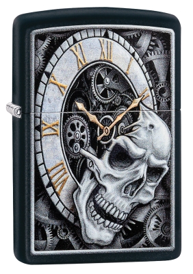 Зажигалка ZIPPO Skull Clock с покрытием Black Matte, латунь/сталь, чёрная, матовая, 38x13x57 мм, черный