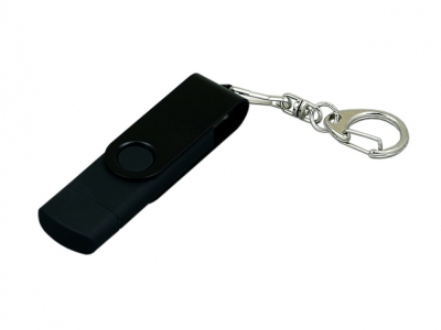 USB 2.0- флешка на 16 Гб с поворотным механизмом и дополнительным разъемом Micro USB, черный, soft touch