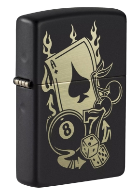 Зажигалка ZIPPO Gambling Design с покрытием Black Matte, латунь/сталь, чёрная, матовая, 38x13x57 мм, черный