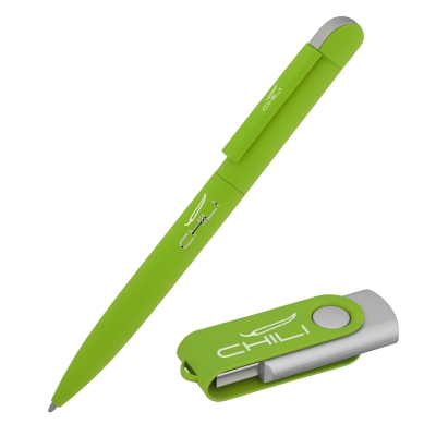 Набор ручка "Jupiter" + флеш-карта "Vostok" 16 Гб в футляре, покрытие soft touch, зеленый, металл/soft touch