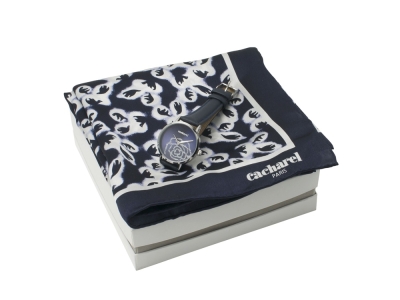 Подарочный набор: часы наручные женские, шелковый платок, синий, кожа, шелк