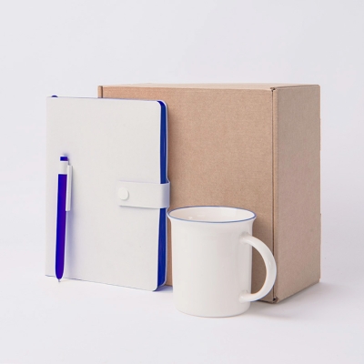 Набор подарочный : кружка, блокнот, ручка, коробка, стружка, белый с синим, несколько материалов