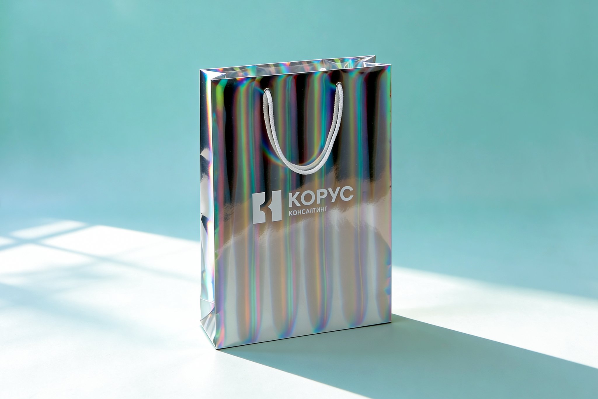 Голографический пакет КОРУС Консалтинг на бирюзовом фоне